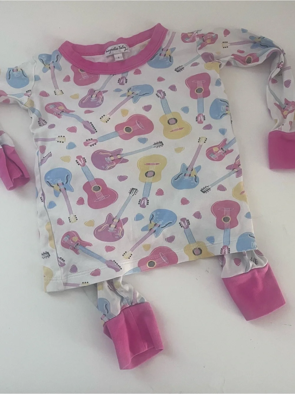 Magnolia Baby Toddler Girl Long Pajamas 2 Guitar Print Pima Cotton Pink Trim